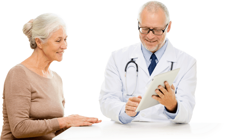 audiologist and patient reviewing chart